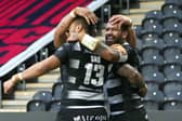 Happy chap: Manu Ma’u of Hull FC celebrates with team-mates after scoring a try against Castleford. Picture by Ash Allen/SWpix.com