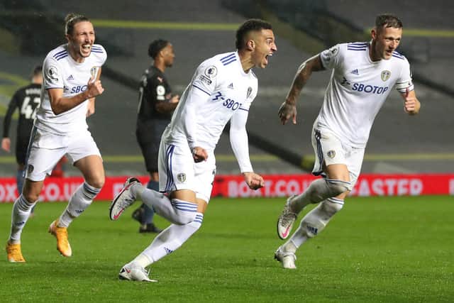 RECORD SIGNING: Summer recruit Rodrigo celebrates his strike in the 1-1 draw against Manchester City. Photo by CATHERINE IVILL/POOL/AFP via Getty Images.