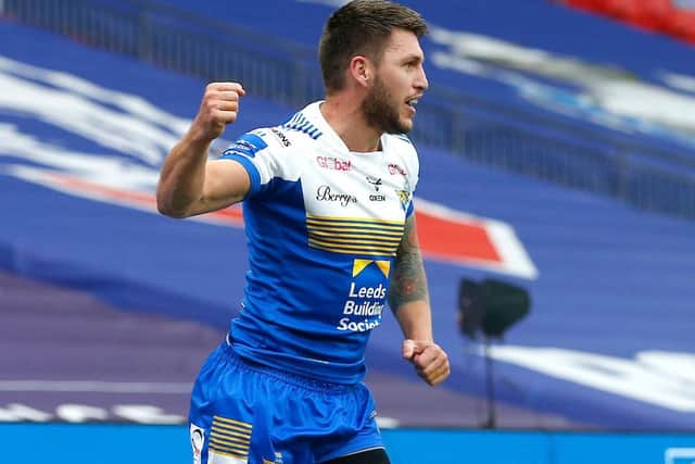 Tom Briscoe celebrates scoring Leeds Rhinos' first try against Salford Red Devils. Picture: Ed Sykes/SWpix.com.