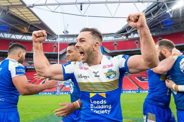 Leeds Rhinos captain Luke Gale celebrates his side's victory over Salford in the Coral Challenge Cup final. Picture: Allan McKenzie/SWpix.com.