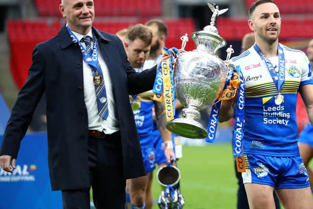 Coach Richard Agar and captain Luke Gale with the Challenge Cup at Wembley. Picture by Michael Steele/Getty Images.