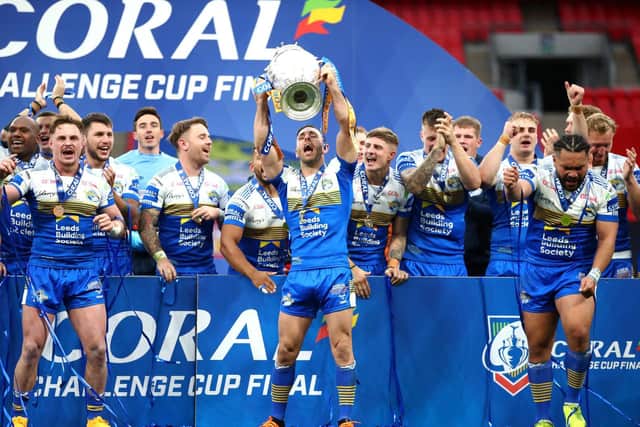 Luke Gale lifts the Challenge Cup last weekend, after Leeds' 14th win in a final. Picture by Michael Steele/Getty Images.