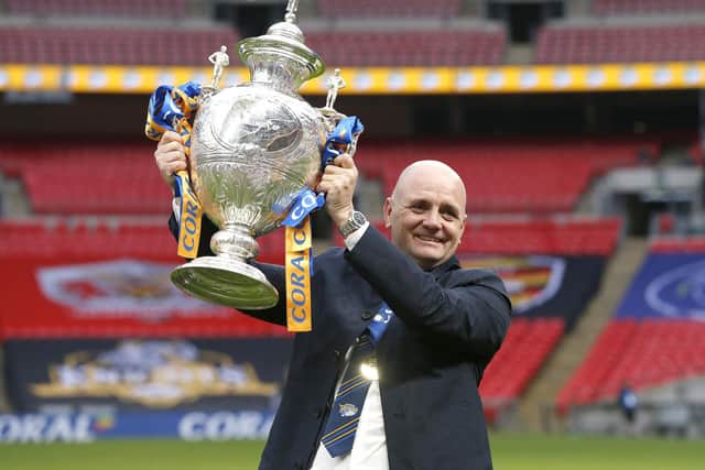 Rhinos coach Richard Agar with the Coral Challenge Cup. Pixture by Ed Sykes/SWpix.com.