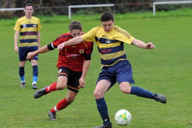 Danny Hall on the ball for Swillington Saints Welfare against Brighouse Sports. Picture: Steve Riding.