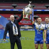 Key trio: Leeds Rhinos coach Richard Agar, holds the Challenge Cup with captain Luke Gale joined by Lance Todd Trophy winner Richie Myler. Picture by Ed Sykes/SWpix.com