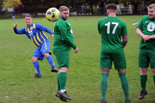 Jamie Winstanley, of FC North Leeds, puts his free kick just wide of the mark. Picture: Steve Riding.