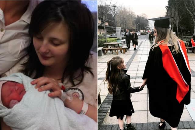 Rachael Campey, 22, graduated in late 2019 with a degree in counselling psychology - after defying the odds when she was kicked out of school aged 15 when she fell pregnant.