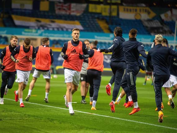 BACK TO IT: Leeds United, pictured warming up for Monday night's hosting of Wolves, are back in action just four days later away at Aston Villa on Friday night. Picture by Bruce Rollinson.