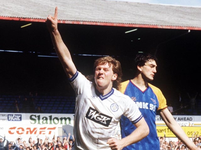 Ian Baird celebrates scoring against Shrewsbury Town in May 1985. PIC: Varley Picture Agency