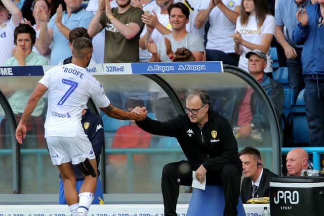PUT IT THERE: Whites head coach Marcelo Bielsa congratulates Kemar Roofe as he is taken off with three minutes left of the 2-0 win at home to Rotherham United back in August 2018 in which he scored. Picture by Richard Sellers/PA Wire.