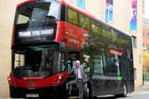 Harry arrives at the BBC Look North studios aboard a Harrogate Bus Company double decker that has been named after him