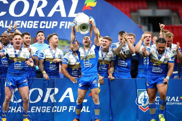 Rhinos captain Luke Gale lifts the Challenge Cup at Wembley. Picture by Michael Steele/Getty Images.