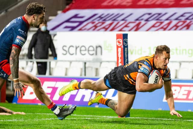 Castleford Tigers' Greg Eden goes in for one of his three tries. (Isabel Pearce/SWpix.com)