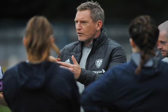 Leeds United Women's head coach Dan O'Hearne gives a team talk. Picture: Steve Riding.