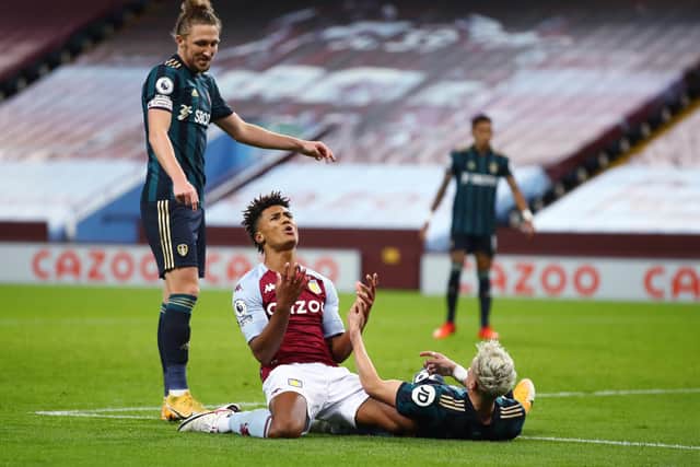 Ollie Watkins rues a missed chance as Luke Ayling of Leeds United looks on. Picture: Michael Steele/Getty Images.