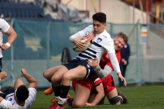 Rising star: Jacob Umaga is tackled while playing for Yorkshire Carnegie v Jersey Reds in February 2019. Picture Varley