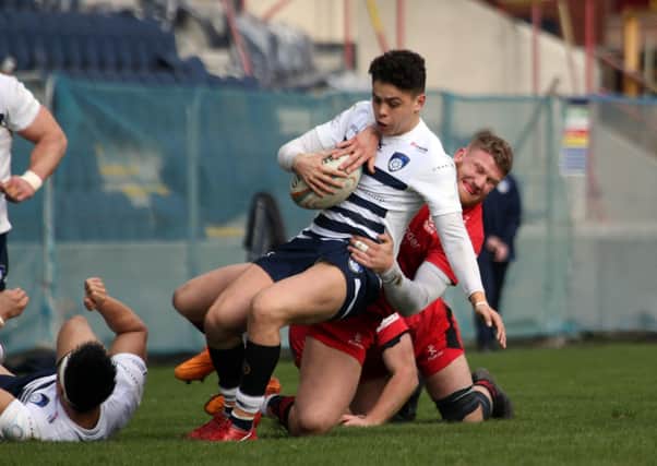Rising star: Jacob Umaga is tackled while playing for Yorkshire Carnegie v Jersey Reds in February 2019. Picture Varley