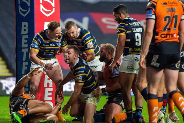 Captain Luke Gale celebrates scoring the Rhinos second try. Leeds Rhinos v Castleford Tigers. BetFred SuperLeague, Emerald Headingley Stadium. 26 October 2020.  Picture Bruce Rollinson