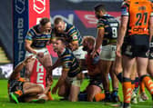 Captain Luke Gale celebrates scoring the Rhinos second try. Leeds Rhinos v Castleford Tigers. BetFred SuperLeague, Emerald Headingley Stadium. 26 October 2020.  Picture Bruce Rollinson