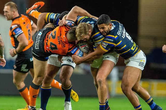 Tyla Hepi is held by the Leeds defence. Picture: Bruce Rollinson.