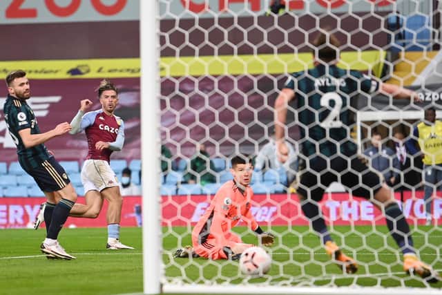 QUICK THINKING: Leeds United defender Luke Ayling swiftly recovers from conceding possession to clear Jack Grealish's shot off the line in Friday's 3-0 triumph at Aston Villa. Photo by Laurence Griffiths/Getty Images.