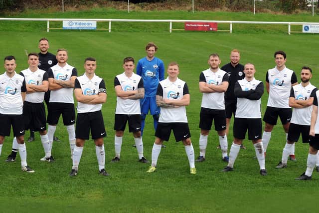 Littletown, of the Yorkshire Amateur League Supreme Division, show off their 60th anniversary kit which is the same as the one worn by the first Littletown team. Picture: Steve Riding.