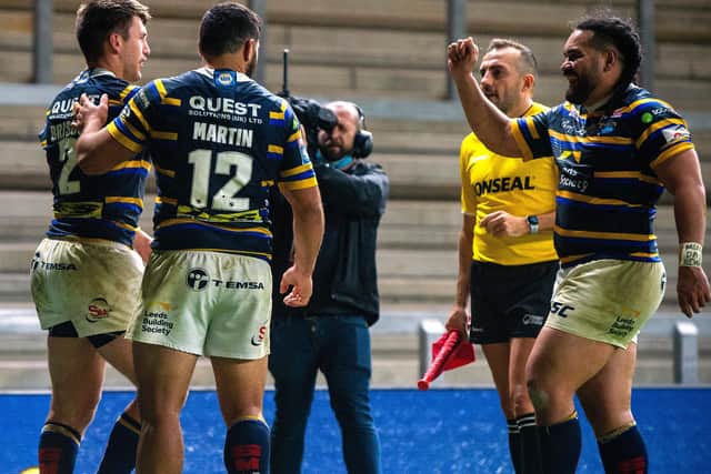 Tom Briscoe celebrates scoring Leeds Rhinos' fourth try against Castleford Tigers. Picture: Bruce Rollinson.