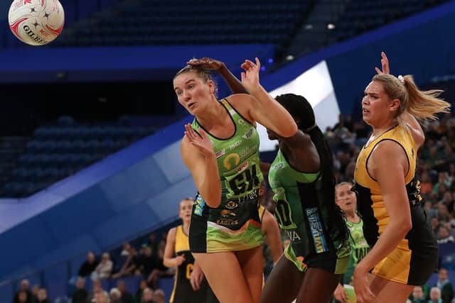 Leeds Rhinos Netball's new signing Donnell Wallam, right, in action for Western Australia All Stars against West Coast Fever. Picture: Paul Kane/Getty Images.