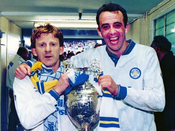 Leeds United's Gordon Strachan and Gary McAllister celebrating lifting the First Division trophy. (Varley Picture Agency)