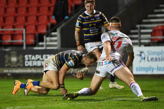 Ash Handley scores Rhinos' only try. Picture by Jonathan Gawthorpe.