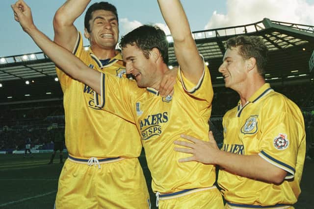 BEST PLAYING DAYS: Simon Grayson with former Leicester City team mates Frank Rolling and Mark Robins, celebrating Grayson's strike against Birmingham City in November 1995. Photo by Ross Kinnaird/ALLSPORT via Getty Images.