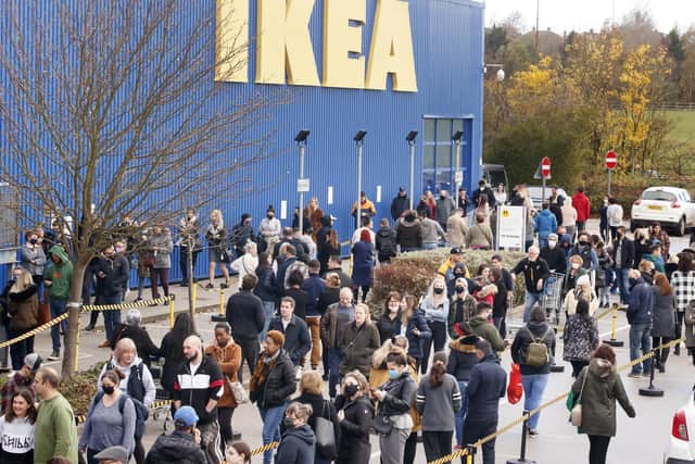 Shoppers queue outside Ikea in Batley, West Yorkshire, after Prime Minister Boris Johnson announced a new national lockdown will come into force in England next week. PA
