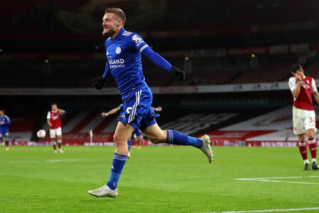 CLINICAL: Leicester City striker Jamie Vardy races away to celebrate his winning goal in last weekend's 1-0 triumph at Premier League hosts Arsenal. Photo by Catherine Ivill/Getty Images.