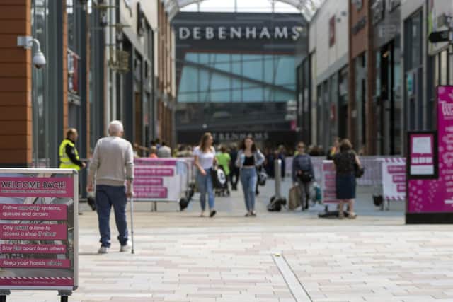 Wakefield's Trinity Walk shopping centre has strict social distancing measures. Picture: Scott Merrylees.
