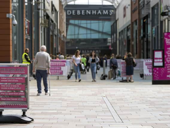 Wakefield's Trinity Walk shopping centre has strict social distancing measures. Picture: Scott Merrylees.