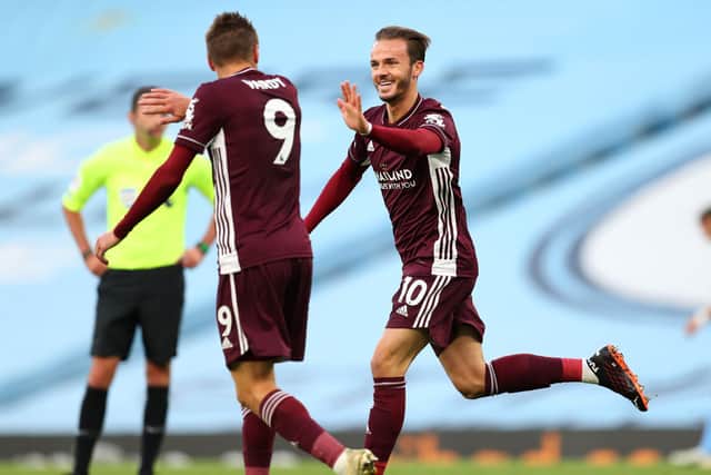 KEY DUO: Leicester City's James Maddison, right, and Jamie Vardy. Photo by Catherine Ivill/Getty Images.