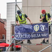 A street sign in honour of Leeds United manager Marcelo Bielsa is installed in Leeds city centre after his side secured promotion to the Premier League.
