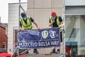 A street sign in honour of Leeds United manager Marcelo Bielsa is installed in Leeds city centre after his side secured promotion to the Premier League.