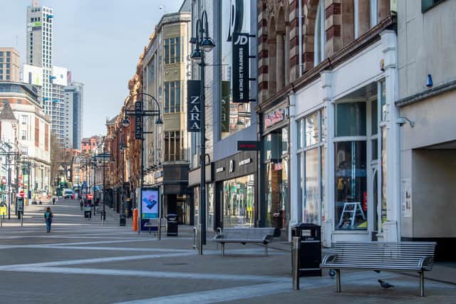 Deserted shopping streets in Leeds during the lockdown in March.
