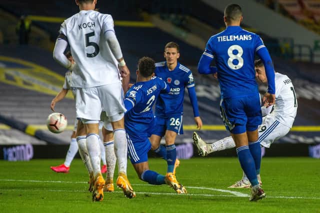 SO CLOSE: Pablo Hernandez came within inches of putting Leeds United level against Leicester City with his curled effort that hit the upright, above. Picture by Bruce Rollinson.
