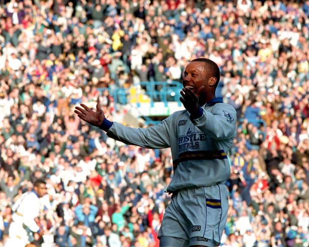 Rod Wallace celebrates scoring against Tottenham Hotspur at Elland Road in April 1994. PIC: Varley Picture Agency