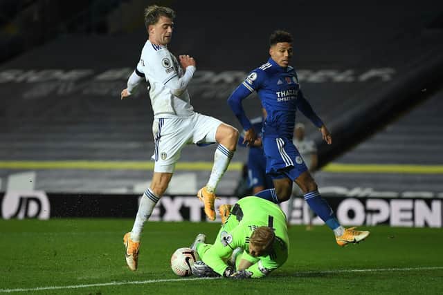 Leeds United's Patrick Bamford sees his shot saved by Leicester City goalkeeper Kasper Schmeichel. Picture: Michael Regan/PA Wire.