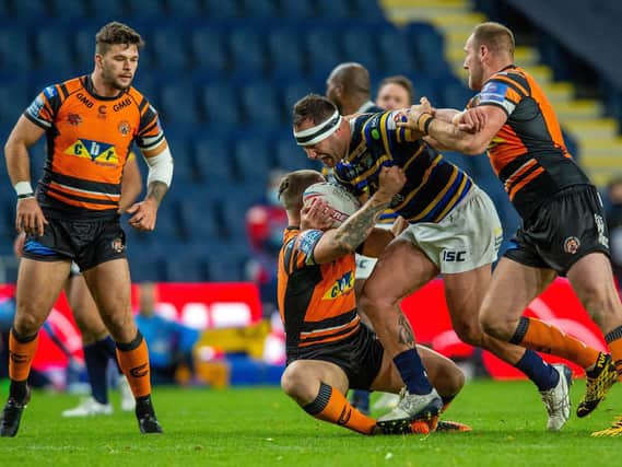 Bodene Thompson on the attack for Rhinos against Castleford last week. Picture by Bruce Rollinson.