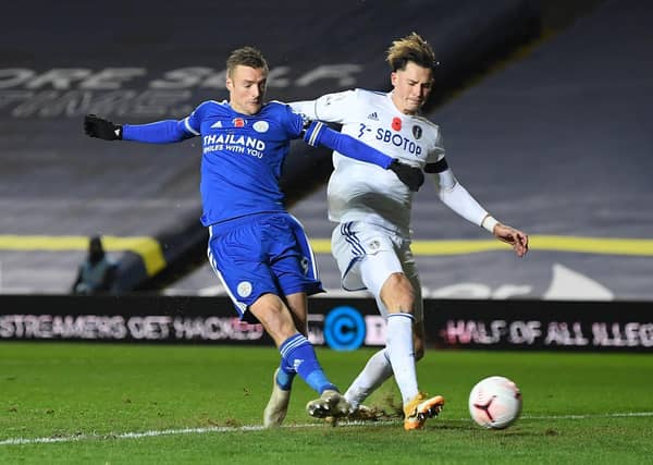 Leicester City's Jamie Vardy scores his side's third goal of the game during the Premier League match at Elland Road. Picture: Michael Regan/PA Wire.