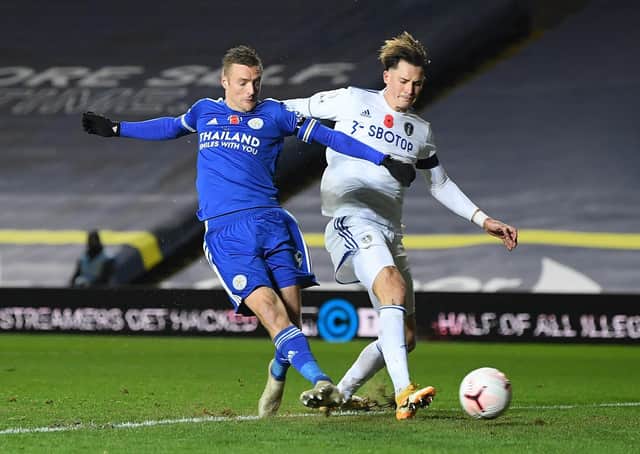 Leicester City's Jamie Vardy scores his side's third goal of the game during the Premier League match at Elland Road.  Picture: Michael Regan/PA Wire.