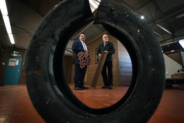 Dr Brian Sulaiman and Steve Oldroyd of Barnsley-based Dena Nano Ltd, which makes wood replacement material out of old tyres, and uses it to make prefab isolation units for Covid patients and modular housing for quick assembly in trouble spots Picture : Jonathan Gawthorpe