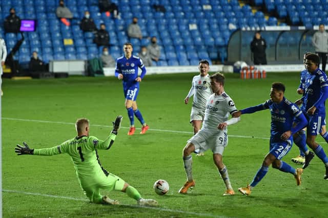 THWARTED: Leeds United striker Patrick Bamford is denied by Leicester City goalkeeper Kasper Schmeichel in Monday night's 4-1 defeat to the Foxes at Elland Road. Photo by PETER POWELL/POOL/AFP via Getty Images.