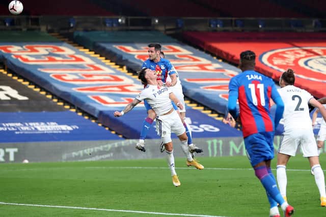 EARLY BLOW: Crystal Palace skipper Scott Dann gets above Leeds United duo Robin Koch and Liam Cooper as the Eagles take a 12th-minute lead in Saturday's 4-1 victory at Selhurst Park. Photo by Naomi Baker/Getty Images.