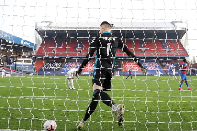 Illan Meslier kicks the ball away after Crystal Palace's second goal yesterday. Picture: Naomi Baker/Getty Images.
