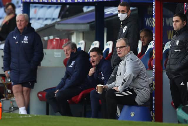 Marcelo Bielsa watches from the sidelines at Crystal Palace. Picture: Naomi Baker/Getty Images.